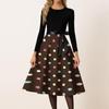 Women Vintage Polka Dot Print Long Sleeve Crew Neck Casual Dress with Ribbon Waistband and Flared A Line Skirt