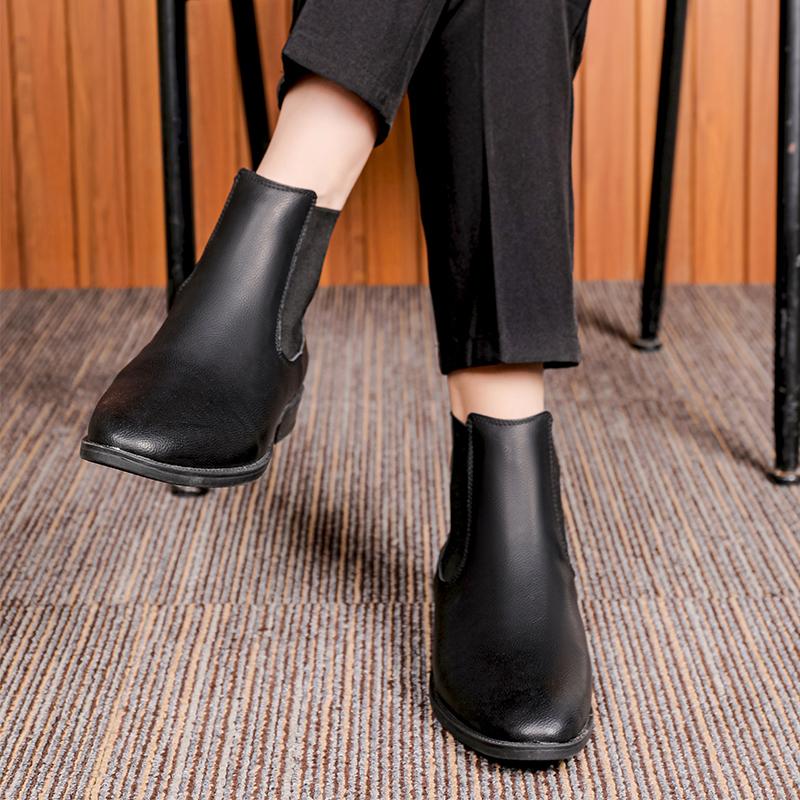 Men Classic Retro Chelsea Boots Genuine Leather High Top Pointed Toe Casual Comfortable Warm Plush Business Ankle Boots