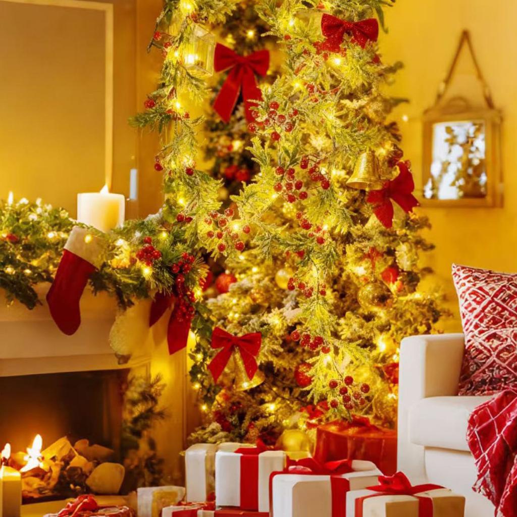 Christmas String Lights with Red Berry Xmas Cedar Garland Fairy String Lights Indoor Outdoor Xmas Fireplace Home Winter Decor