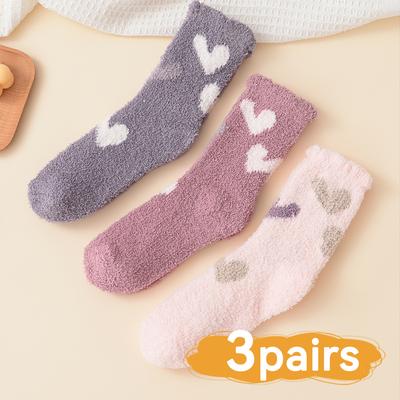 3 Pairs Winter Thickened Coral Wool Warm Middle Tube Socks Heart Lovely Cotton Sleep Socks Home Floor Socks Women