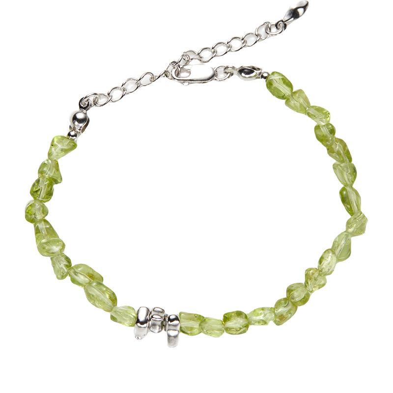 Niche S925 Sterling Silver Natural Olivine Colored Treasure Bracelet Women'S Shape Amorphous Stone Transparent Green Beads
