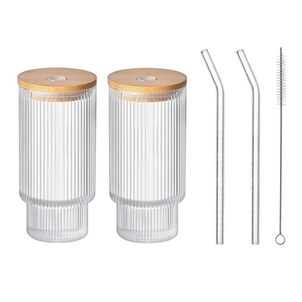 2/4Pcs Drinking Glasses Set Highball Glasses 11oz with Covers, Straws and Brush Vintage Glass Cups, Elegant Ribbed Glassware,