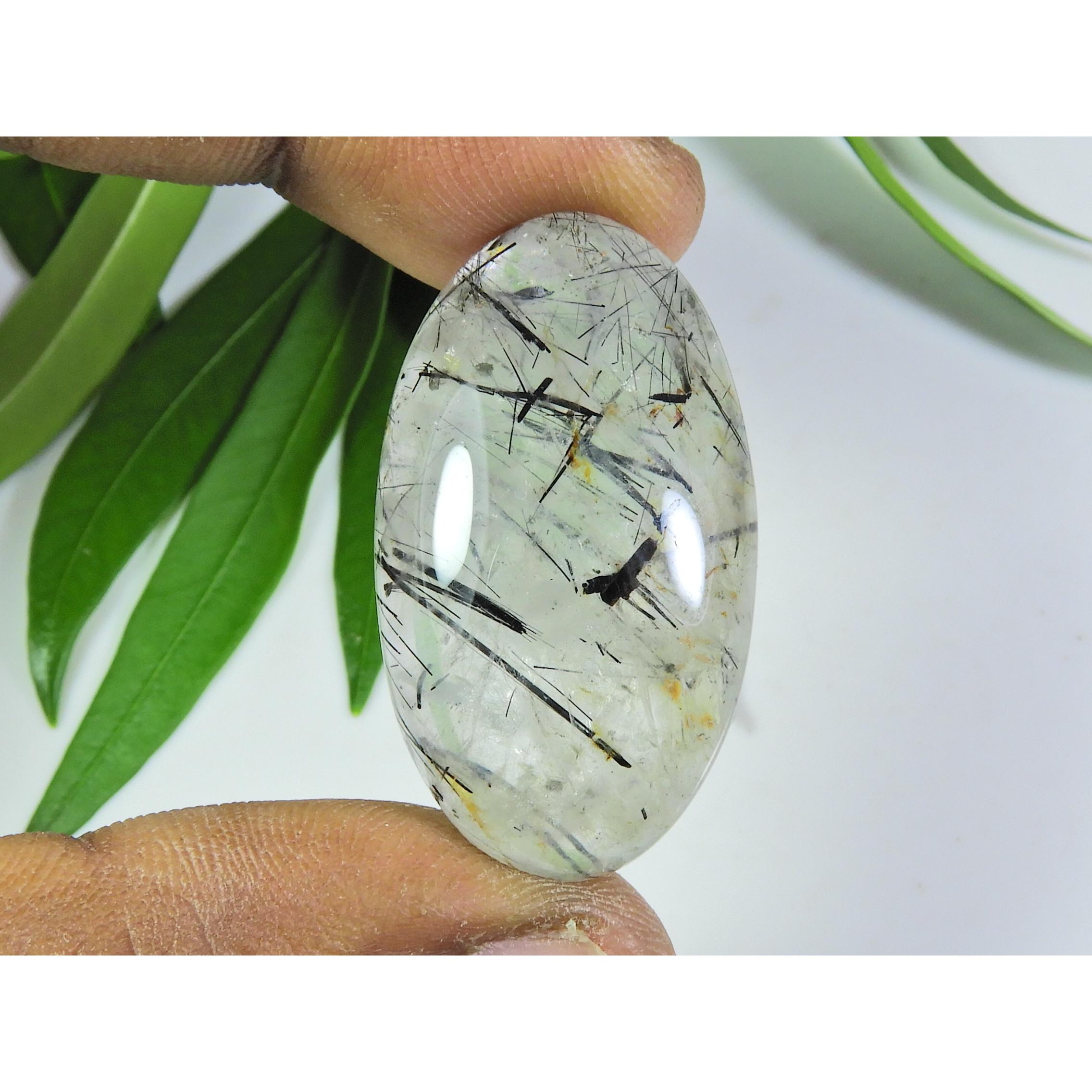 

Natural Black Neddle Rutile Quartz Oval Cabochon Loose Gemstone 20X37X08 MM SK-525