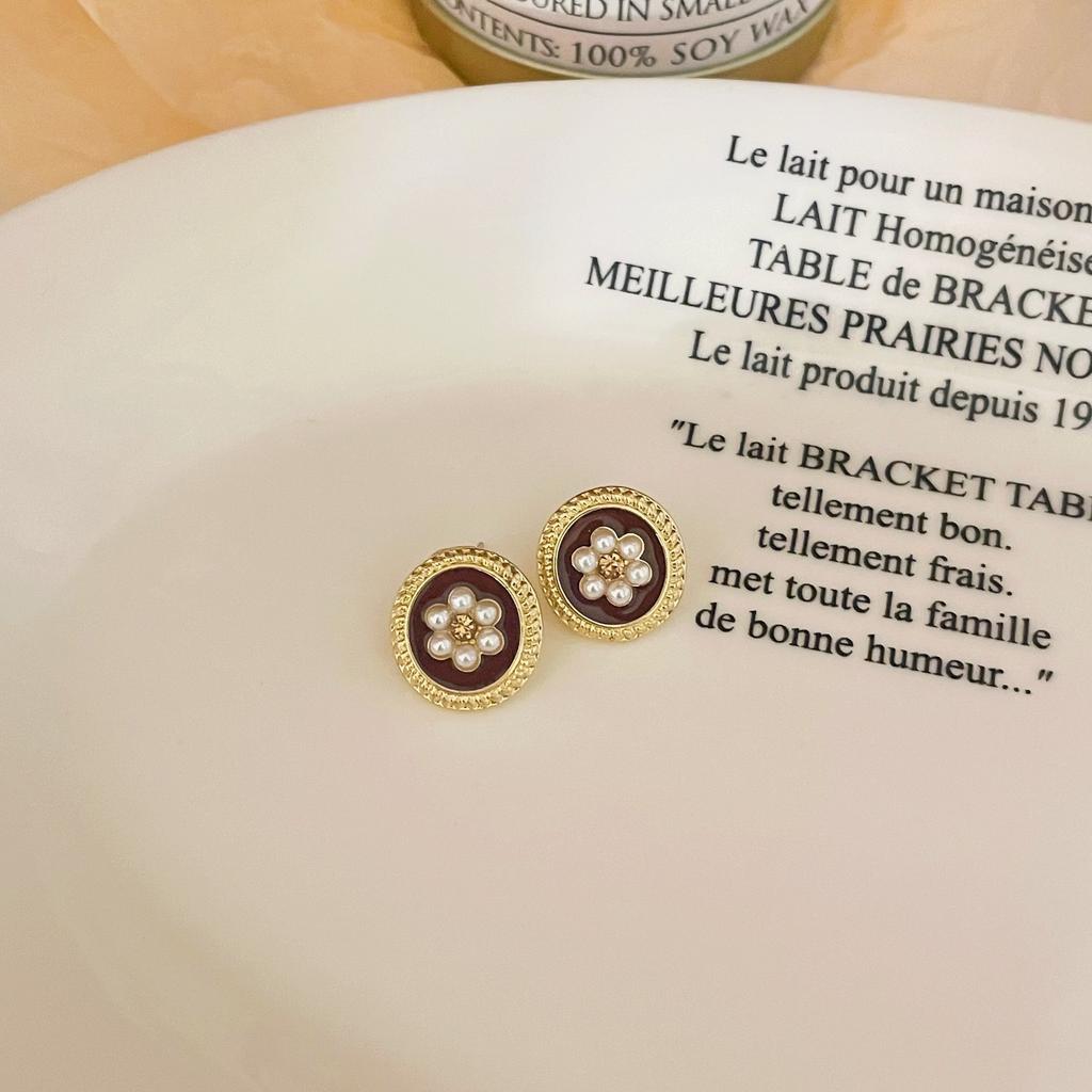 S925 Silver Needle Korean French Retro Stud Earrings Women's Round Pearl Flower Earrings Do Not Fade Trendy Ears