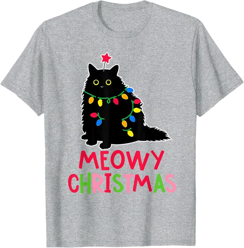 2025 Neuer Stil Niedlich Kawaii Meowy Weihnachten Xmas Lichter Schwarze Katze Schlafanzug Familie Lustig Damen T-Shirt Rundhals Y2k Kleidung