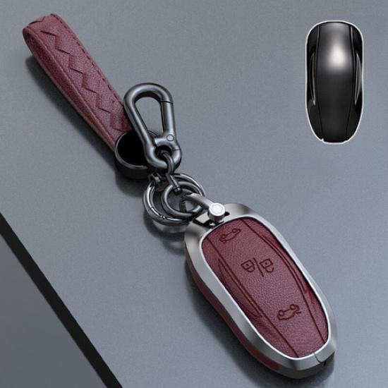 Zinc Alloy Leather Car Remote Key Fob Case Cover Bag For Tesla Model 3 Model S