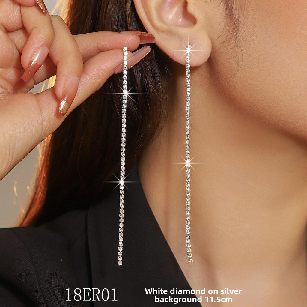 Rhinestone Long Fringed Internet Celebrity Stud Earrings, Earrings, Temperament Versatile Simple Earrings Women