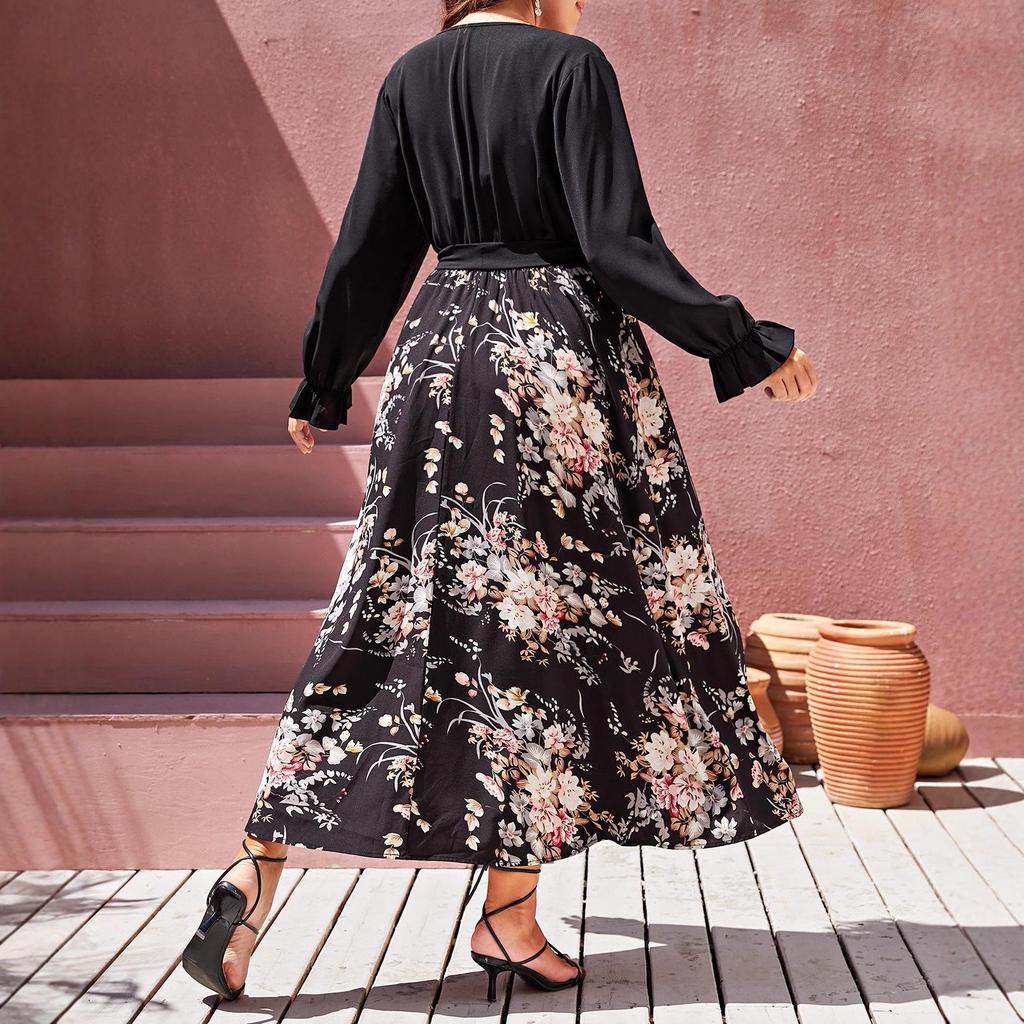 Women's Plus Size V-Neck Floral Patchwork Dress - Long Sleeve & Age-Reducing