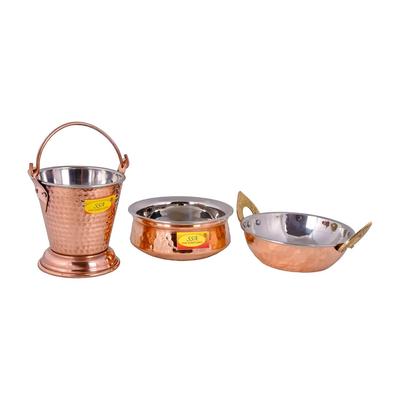 Copper Tableware Serving Set - Dinnerware Combo (1 Bucket, 1 Kadhai, 1 Handi), 3 Pieces