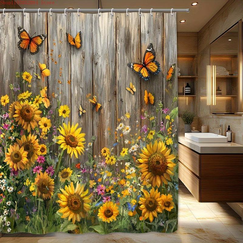 1pc rustic wooden fence shower curtain whimsical garden - With Hooks Waterproof Mildew Proof Easy Install Washable