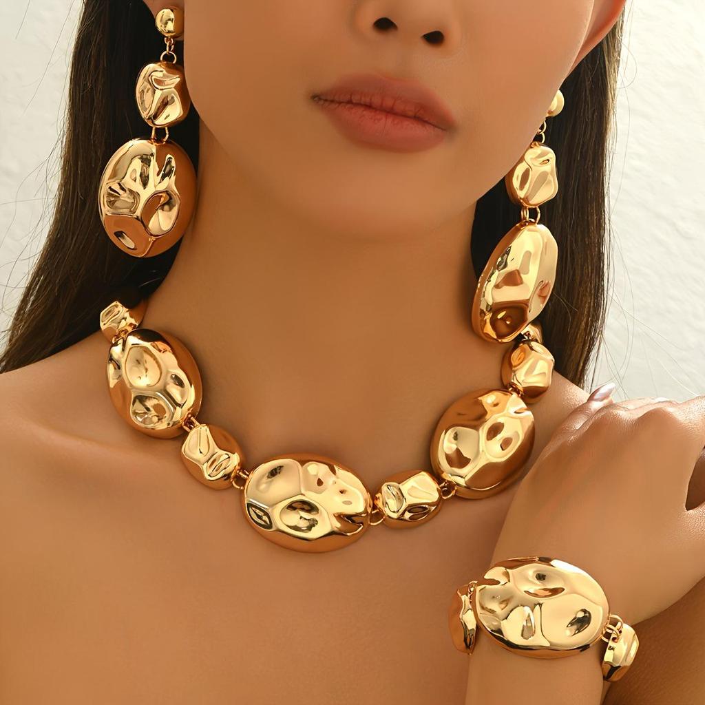 Elegant Oval Pleated Jewelry Set: Irregular Glossy Pendant Earrings & Necklace