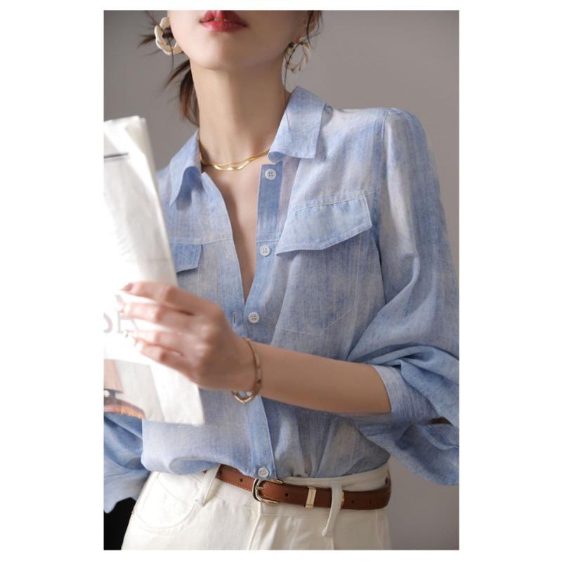 Modrá hedvábná košile pro ženy na jaro a léto Nová volná košile s dlouhým rukávem s temperamentem jako inkoustová košile z morušového hedvábí pro ženy