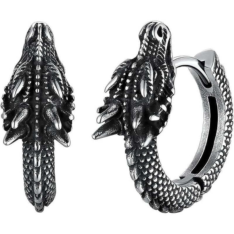 Rockyu Dragon Hoop Earrings for Men, Stainless Steel, Silver