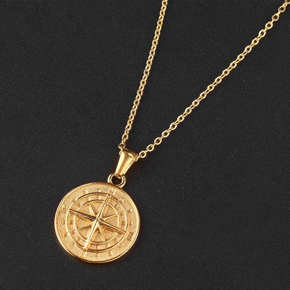 Vintage Compass Pendant Stainless Steel Cuban Style Choker Clavicle Chain Man Necklace Wheat Chain