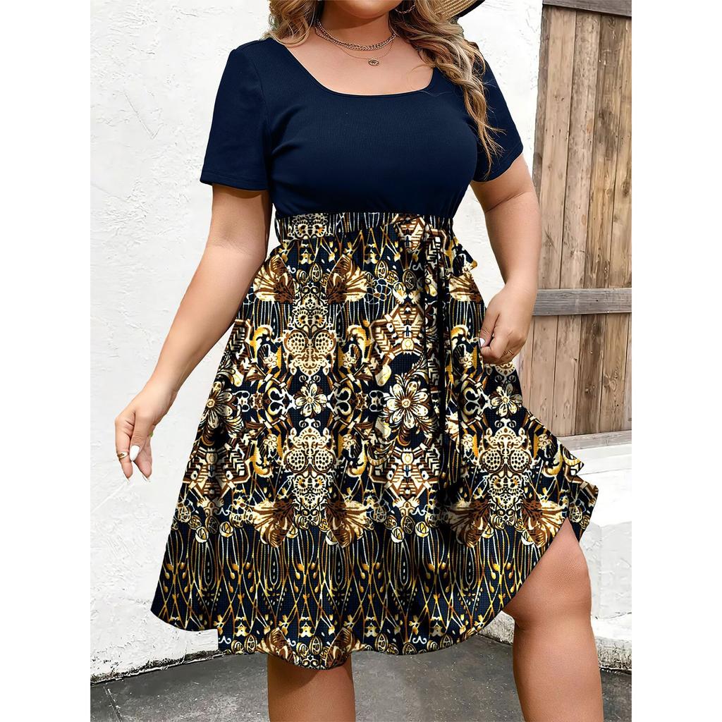 Women's Fashionable And Trendy Round Neck Short Sleeved Waist Print Dress In Plus Size