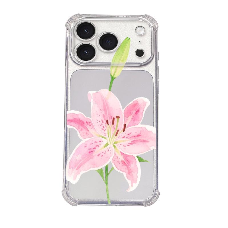 Explosive simple pink flower Apple 15promax mobile phone case iPhone17 high-end transparent soft case