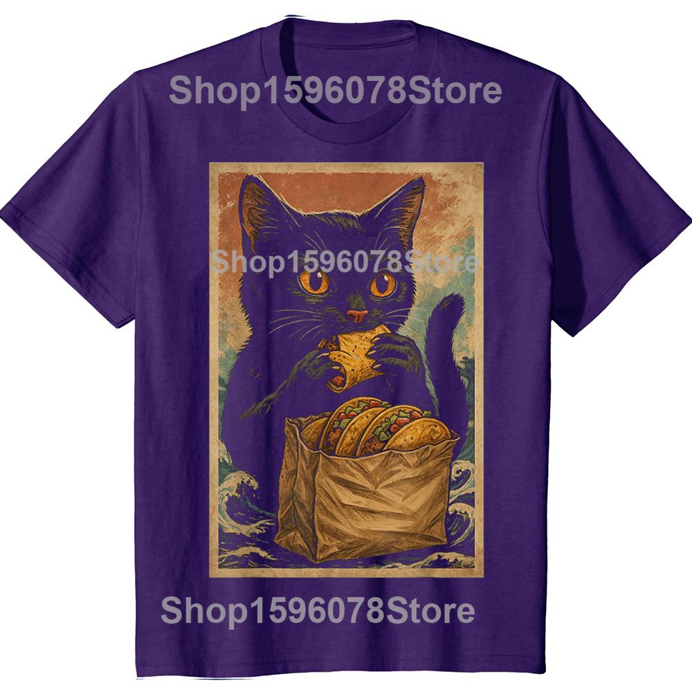 

Funny Black Cat Eating Tacos Retro Japanese T Shirts Men Cotton Humor Streetwear Tee Shirt Short Sleeve Unisex Loose Clothing 3XL