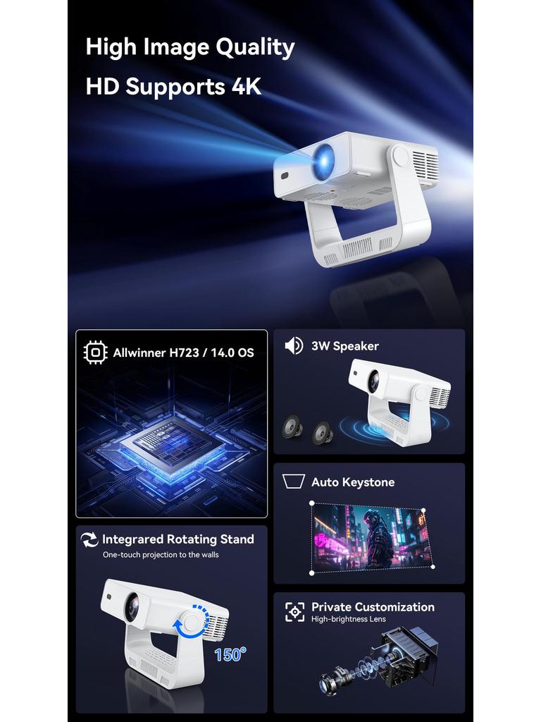 Upgraded HD Mini Projector with 230 ANSI, Android OS, Smart Gimbal Speaker, WiFi