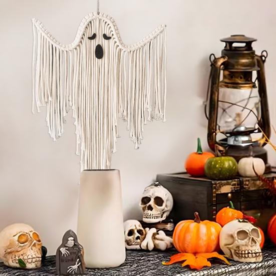 Halloween Ghost Decorations Hand-Woven Tassel Ghost White Rope Ghost Decor Hanging Ghost Wall Art Gift