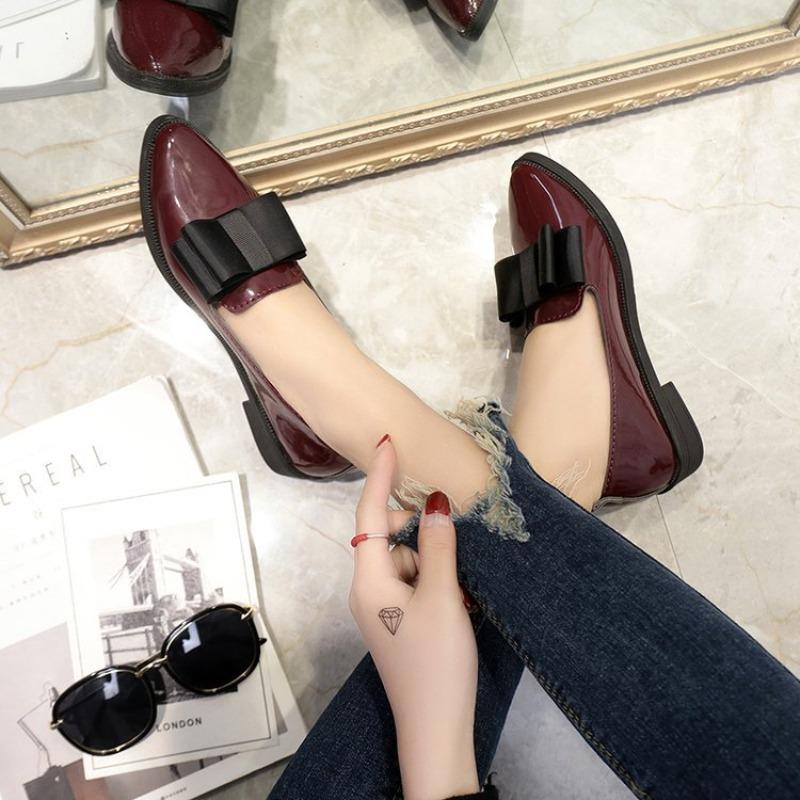 Patent Leather Pointed Head Shallow Mouth Bow Single Shoes Women's Large Size Flat Bottom Low Heel Women's Shoes