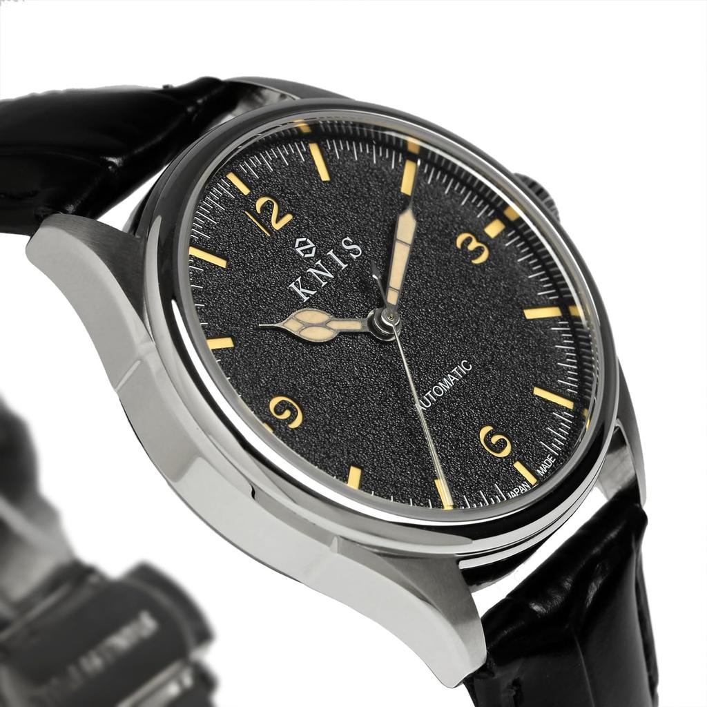 KNIS Lack, Made in Japan, Automatikuhr, Retro, Modern, Super Luminova, Saphirglas, Echtlederarmband, 10 ATM wasserdicht, Mechanisch, Schwarz