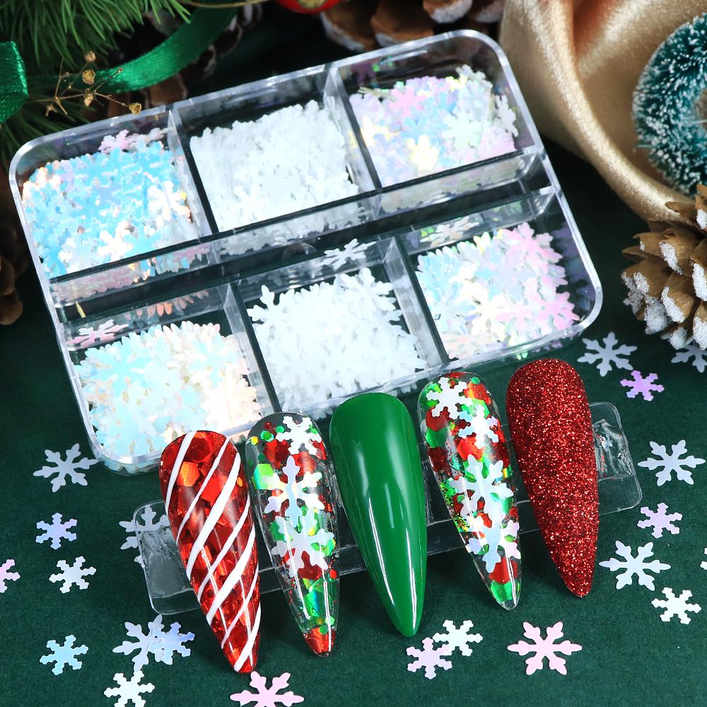 6-Grid Boxed Snowflake Nail Glitter Mixed Color Christmas Nail Art Glitter For DIY Accessories For Winter and Christmas