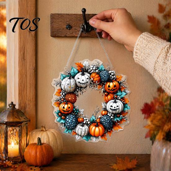 Festive Pumpkin Window Ornament Halloween Pendant Decoration with Hanging Chain Waterproof Acrylic Welcome Spooky Bat And Spider Web Decor Sign