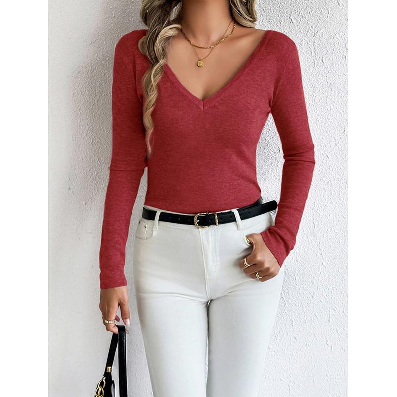 New Reversible V-Neck Long Sleeve Knitted Top Solid Color Round Neck Wool Blend Pullover Sweater Base Shirt