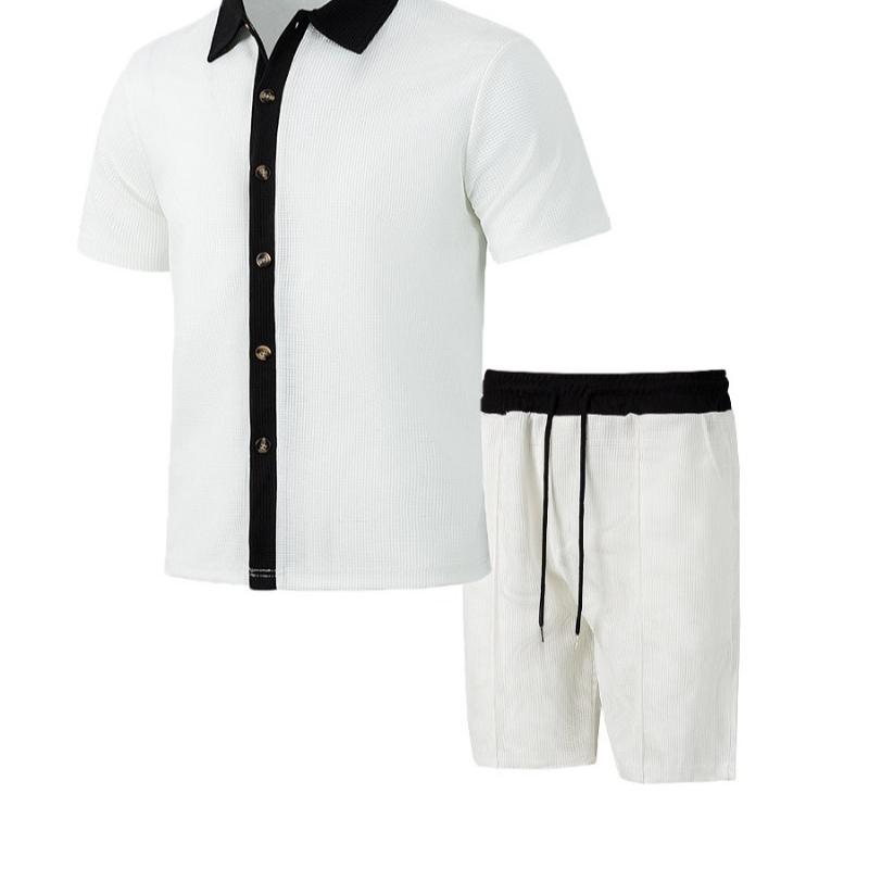 Men s Short Sleeve & Shorts Set - Relaxed Fit Color Block Beach Shirt Outfit S белый