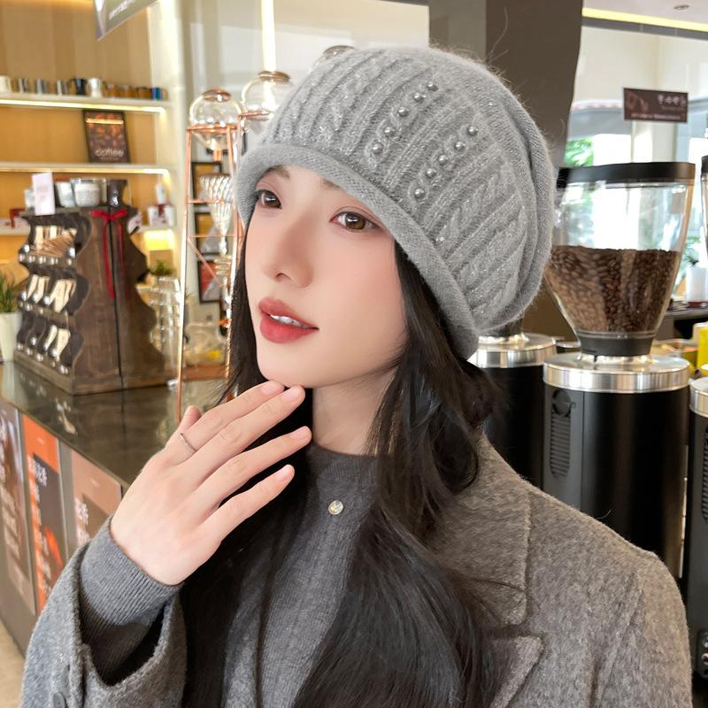 Autumn and Winter Hat Women's Warm Thickened Knitted Wool Hat Pearl Solid Color Hat  Autumn and Winter,  Beret for Women, Thick Pullover Hat