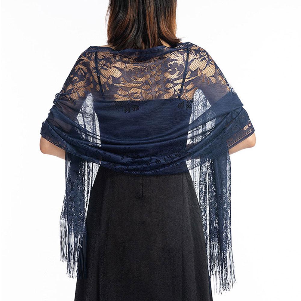 

Женский элегантный свадебный шаль с кисточками, женский чистый цвет, полая кружевная сетчатая пряжа, темпераментный вечерний шарф темно-синий