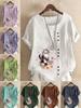 Women's Fashion Floral Cat Print Round Neck Short Sleeve T-shirt Casual Cotton Linen Graphic Shirt Leisure Loose Summer Blouse Tops