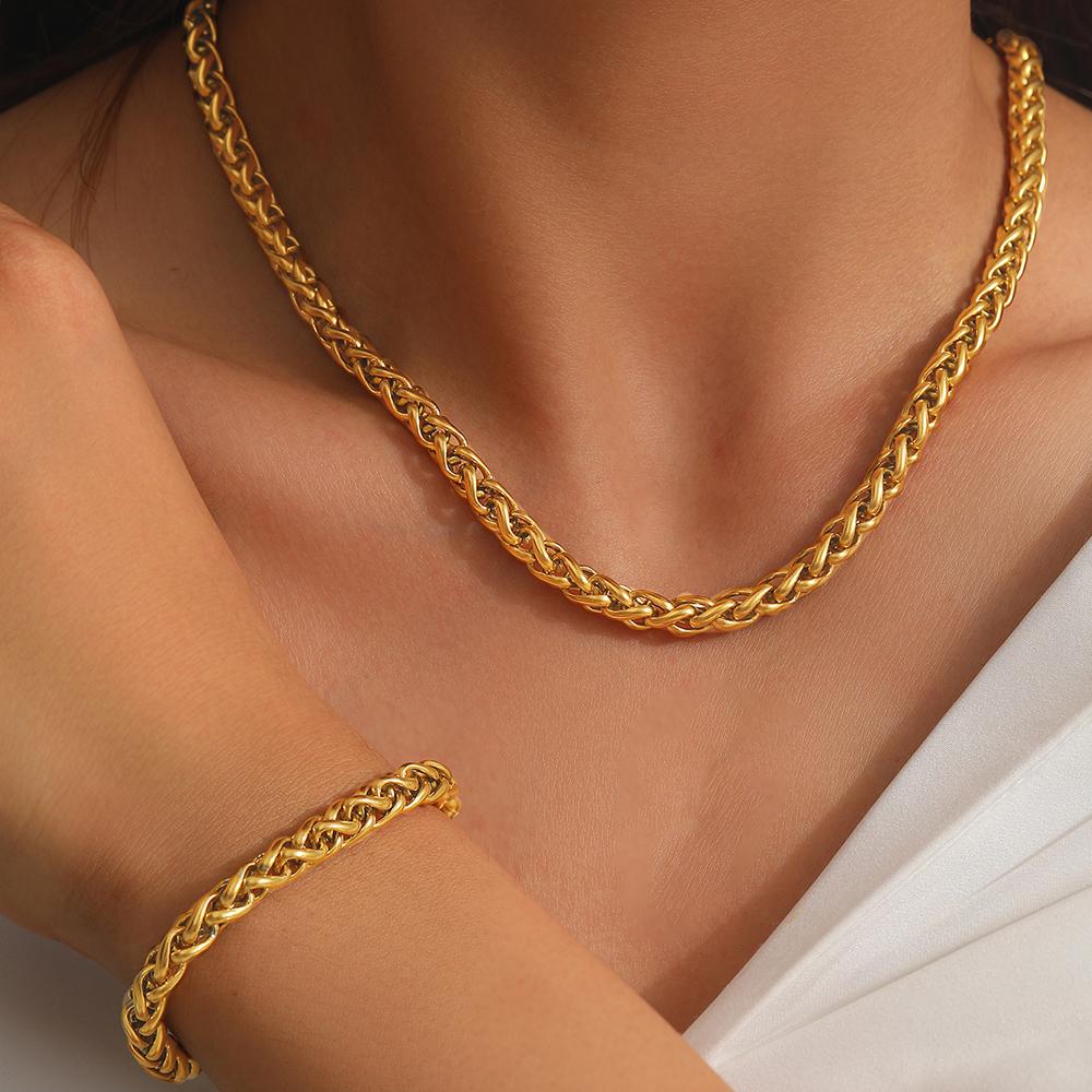 Stainless Steel Set Simple Personalized Hip Hop Chunky Chain Keel Chain Necklace Bracelet Set For Women Zircon Daily Matching