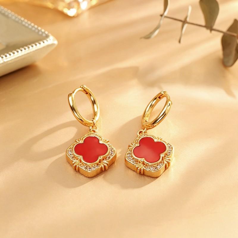 Vintage Red Four Leaf Clover Earring Necklace Set Women Gold Plated Copper With 5A Zirconia Lightweight Elegant Jewelry