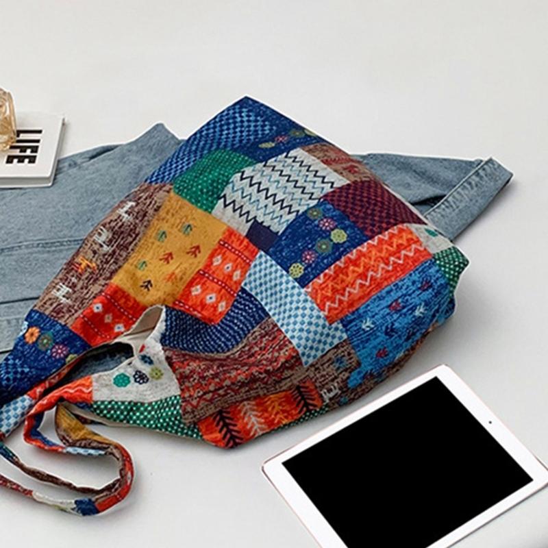 Aesthetic Canvas Toted Bag Reusable Shoulder Toted Bag for Women Casual Vacation,Shopping,Work,Gym Ethnic Style Cloth Bag