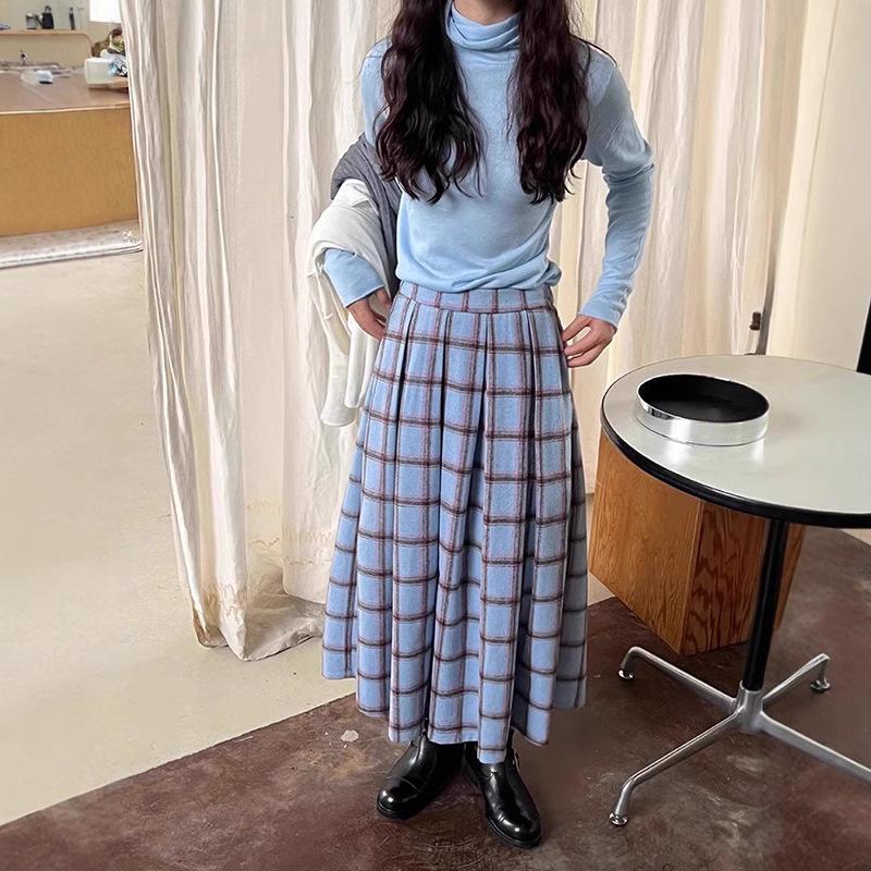 Women's Elegant High-Waist Blue Plaid A-Line Skirt - Retro Academy Style for Autumn/Winter