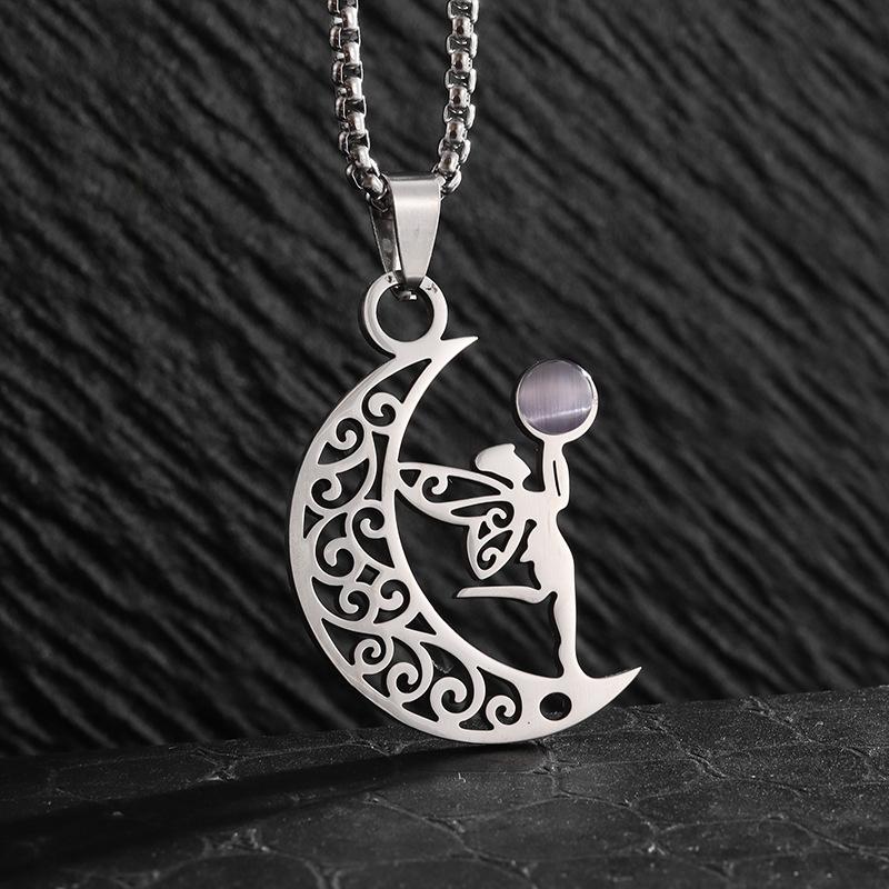 Hot Selling In Europe and America Simple and Fashionable Girl Style Titanium Steel Cut Hollow Moon Elf Pendant Stainless Steel