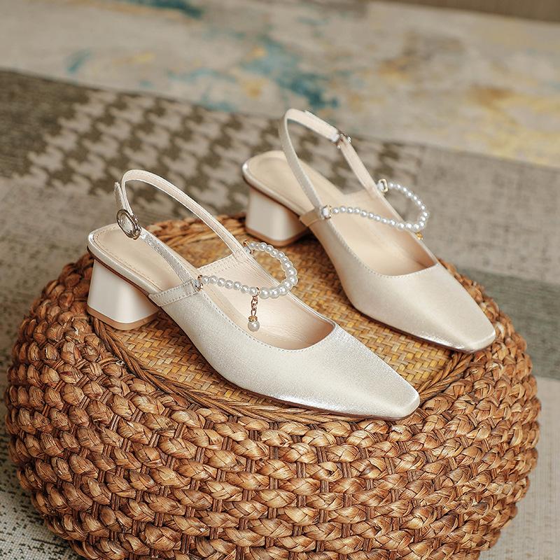 High-heeled bag head sandals women's summer 2025 new square head back strap pearl sexy fairy wind thick heel medium heel single shoes