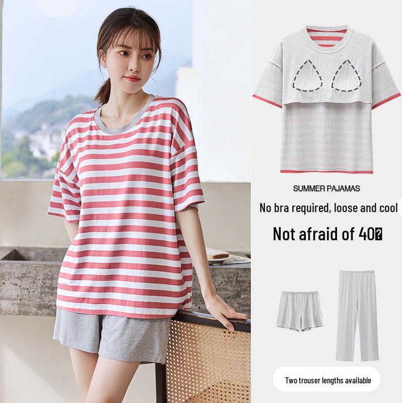 Women's Summer Three-Piece Modal Pajama Set with Bra Pads - Short Sleeve Top, Shorts, and Long Pants for Indoor/Outdoor Wear