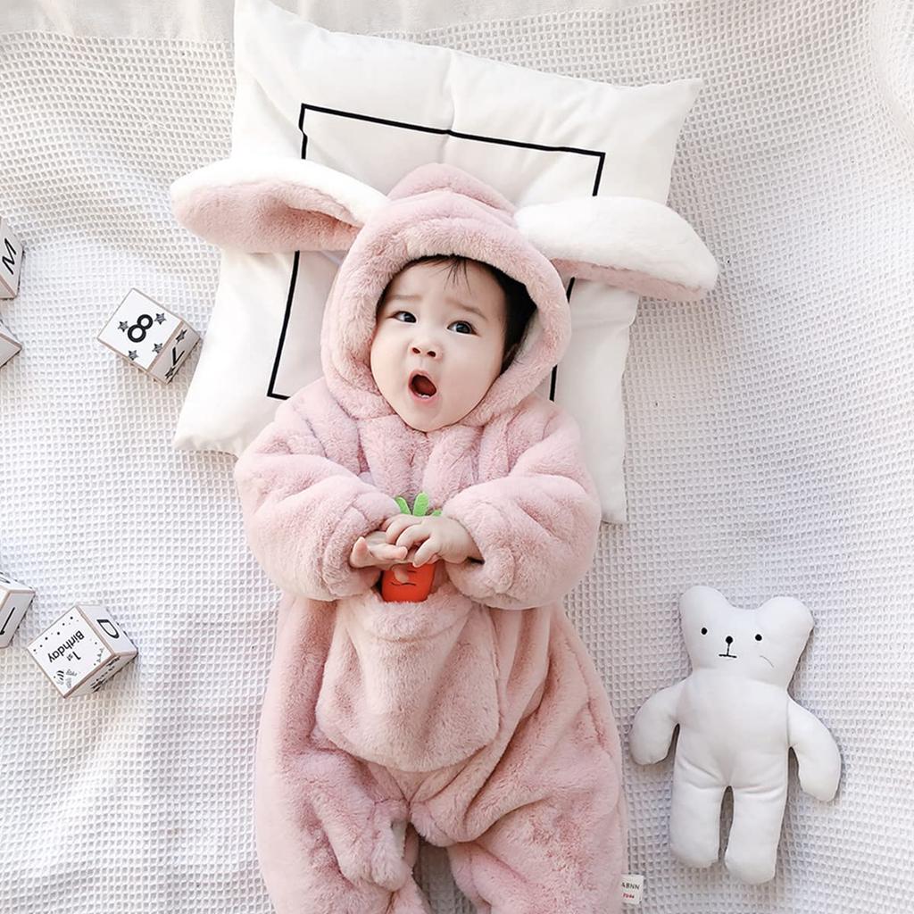 Famuka Winter Rabbit Baby Hooded Romper Fluffy Kigurumi Costume for Baby Shower Boys and Girls 100th Day Celebration Gift Coverall, Jumpsuit,