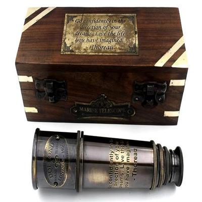 1920 Teleskop Morski Mosiężny Luneta z Drewnianym Pudełkiem Teleskop Nawigacyjny Pirat Odkrywca Kolekcjonerski Ręczny