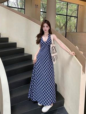Women's Blue Plaid Halter Neck Cinched Waist Open Back Long Retro Summer Dress