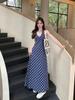 Women's Blue Plaid Halter Neck Cinched Waist Open Back Long Retro Summer Dress