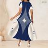 Women Plus Size Round Neck Short Sleeve Printed Gathered Waist A Line Long Dress
