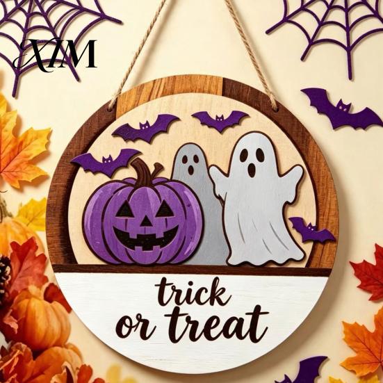 Trick or Treat Hanger Halloween Layered Round Door Hanger, 3D Pumpkin Ghost Owl Wood Welcome Sign, Decorative Festive Ornament Farmhouse Front