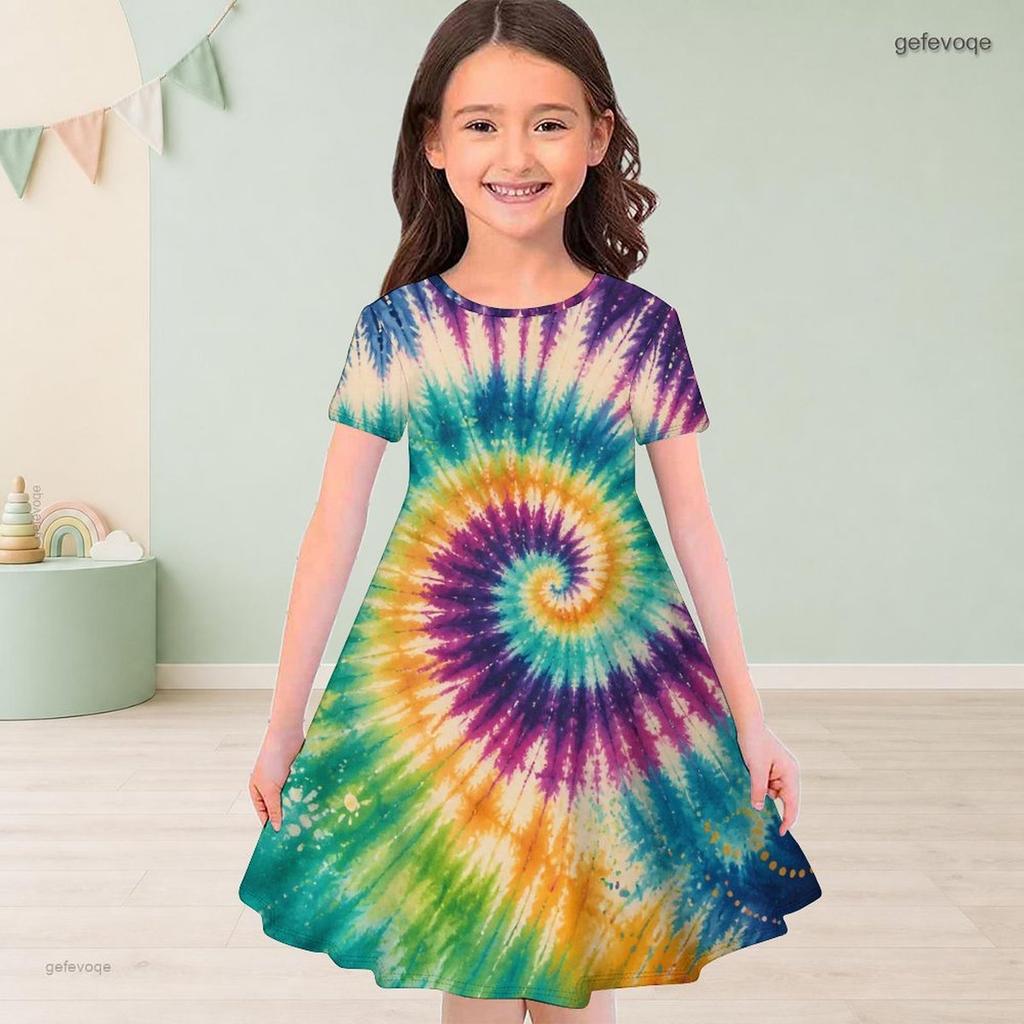 Girls Black Round Neck Short Sleeve Galaxy Space Printed A Line Flared Dress