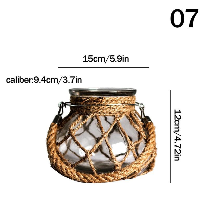 Hand Glass Vase Dry Flower Decor Woven Hemp Rope Vase Art Retro Hydroponics Vase Transparent Living Room Decor Table Ornament