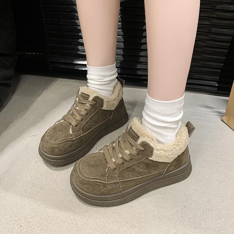 Women's Casual Sports Shoes Winter New Round Head Front Strap Thick Sole Anti-slip Wear-resistant Low-top Shoes