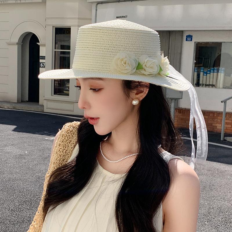 Women's Spring and Summer French Style Bowknot Floral Straw Hat Beach Sun Protection Hat UV Protection Sun Hat Fashionable Headwear