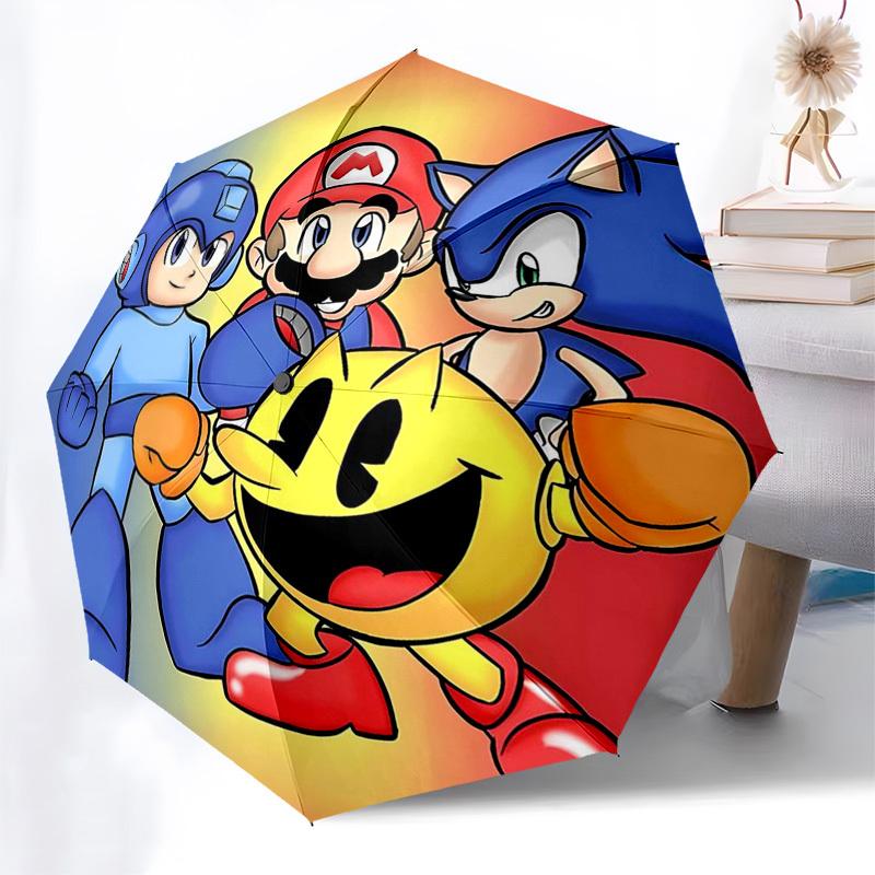 

1pc Pac-Man, Mega Man, Mario & Sonic Automatic Folding Umbrella - Portable 3-Fold Design with 8-Bone Iron Frame for Outdoor Use, Perfect Gift for Fans